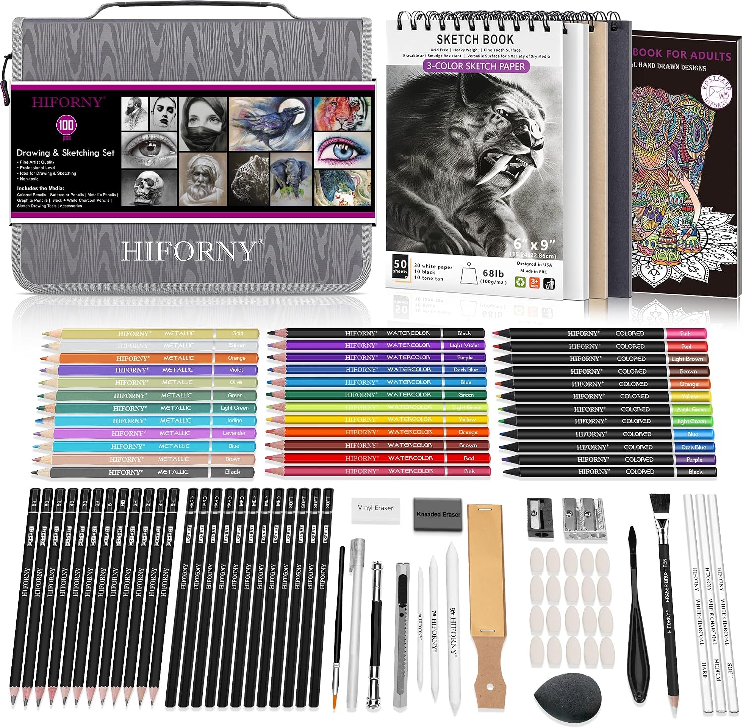 HIFORNY 100 PCS Drawing & Sketching Set, Professional Art Supplies with Graphite,Charcoal, Colored,Watercolor,Metallic Pencils,Blending Tools,Sketchbook and Coloring Book in Zipper Case (Black) - Image 10
