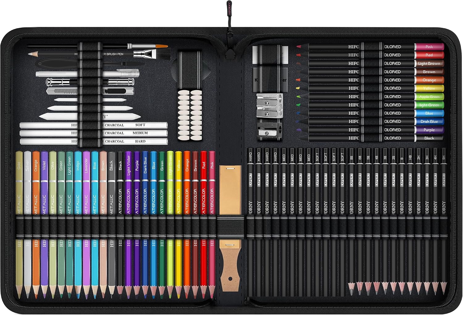 HIFORNY 100 PCS Drawing & Sketching Set, Professional Art Supplies with Graphite,Charcoal, Colored,Watercolor,Metallic Pencils,Blending Tools,Sketchbook and Coloring Book in Zipper Case (Black) - Image 4