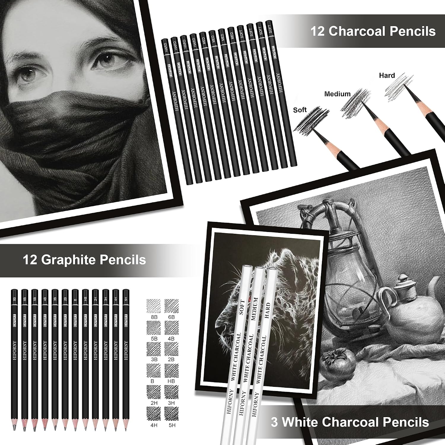 HIFORNY 100 PCS Drawing & Sketching Set, Professional Art Supplies with Graphite,Charcoal, Colored,Watercolor,Metallic Pencils,Blending Tools,Sketchbook and Coloring Book in Zipper Case (Black) - Image 6