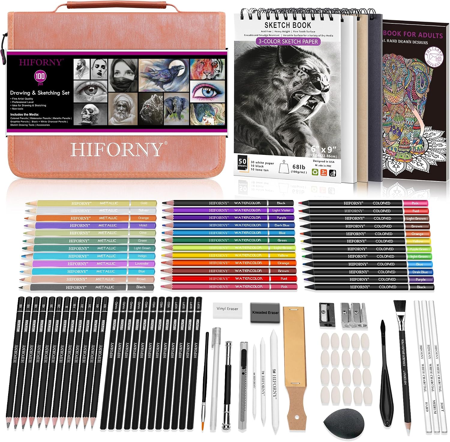 HIFORNY 100 PCS Drawing & Sketching Set, Professional Art Supplies with Graphite,Charcoal, Colored,Watercolor,Metallic Pencils,Blending Tools,Sketchbook and Coloring Book in Zipper Case (Black) - Image 9
