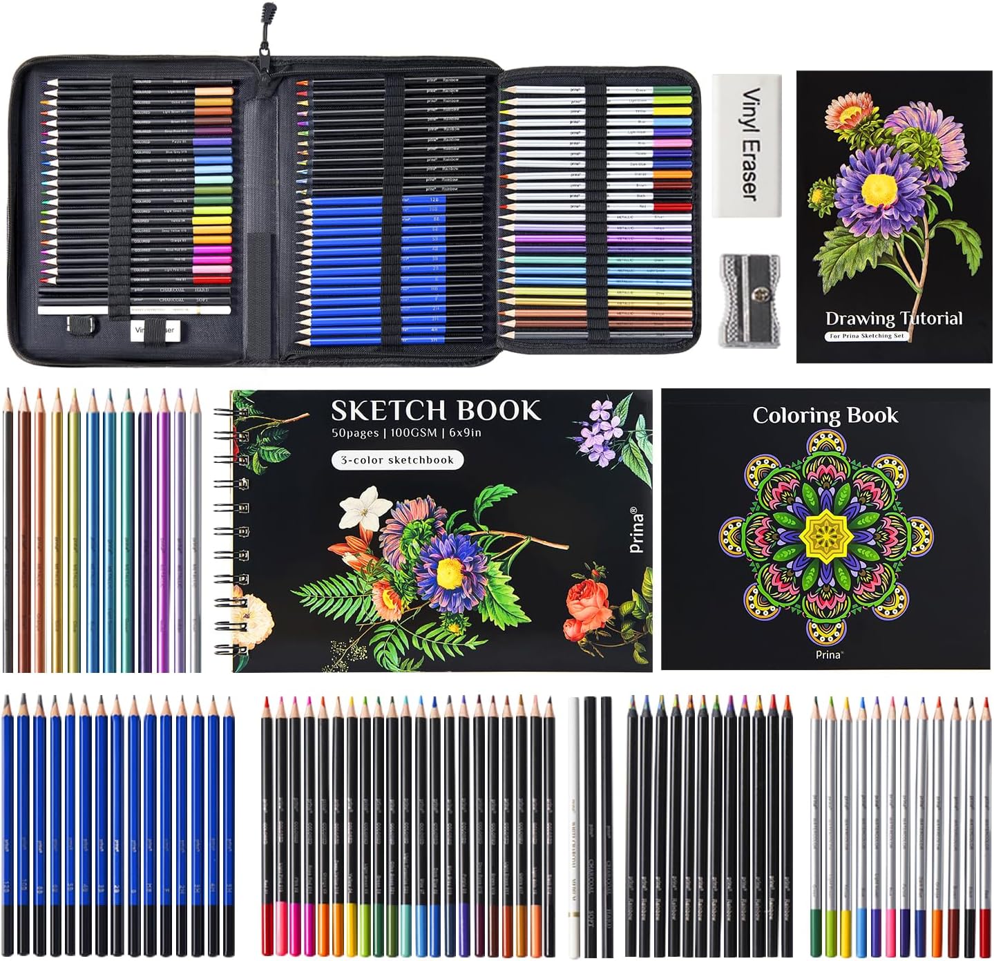 PRINA 81 Drawing Set Sketching Kit, Pro Sketch Pencils Art Supplies with Rainbow, Colored, Graphite, Watercolor, Metallic, Charcoal Pencil, Sketchbook, Coloring Book, Gift Case for Artists Adults Kids - Image 3